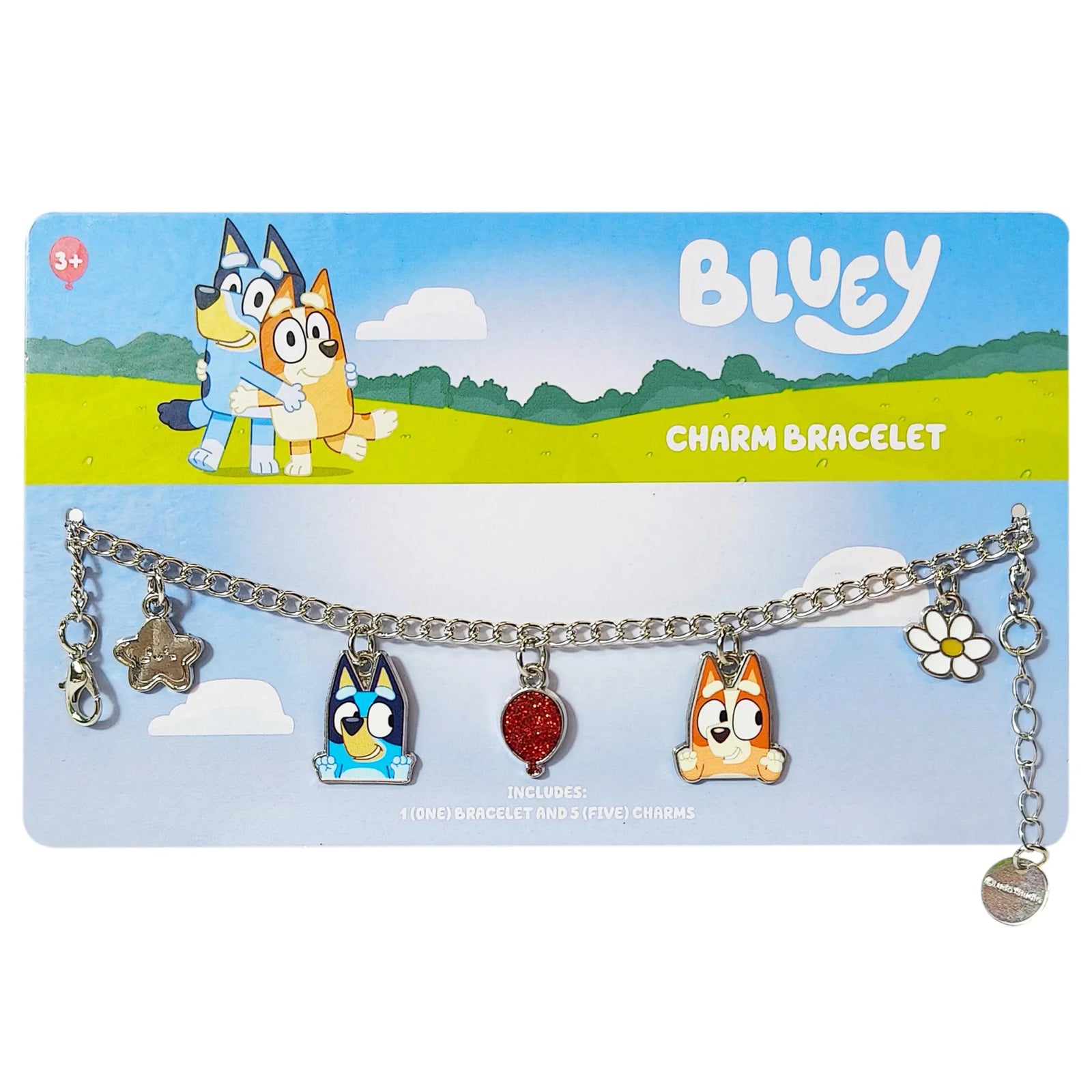 Bluey Charm Bracelet featuring Bluey and Bingo charms on silver chain, official girls’ accessory