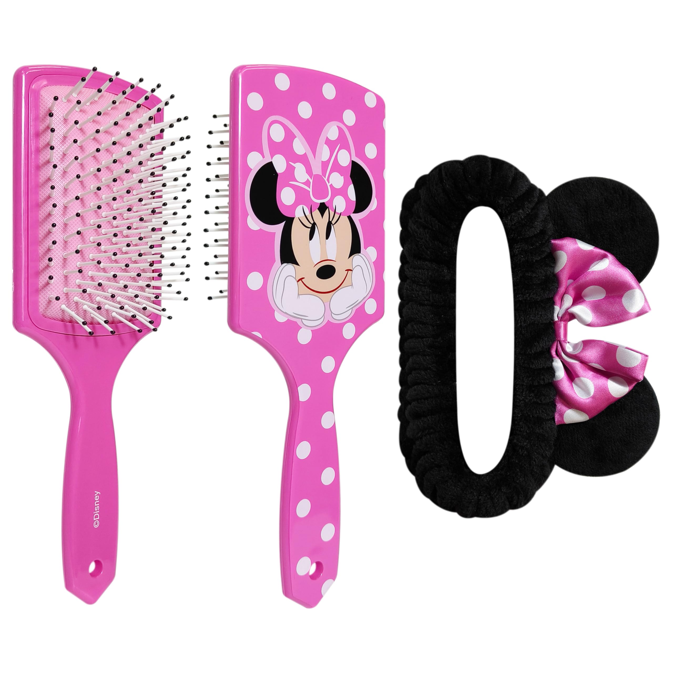 LUV HER Kids Hair Brush & Spa Headband Set for Girls - Features Disney Minnie Mouse - Fun Grooming Kit for Detangling, Styling & Skincare - Soft & Stretchy One Size