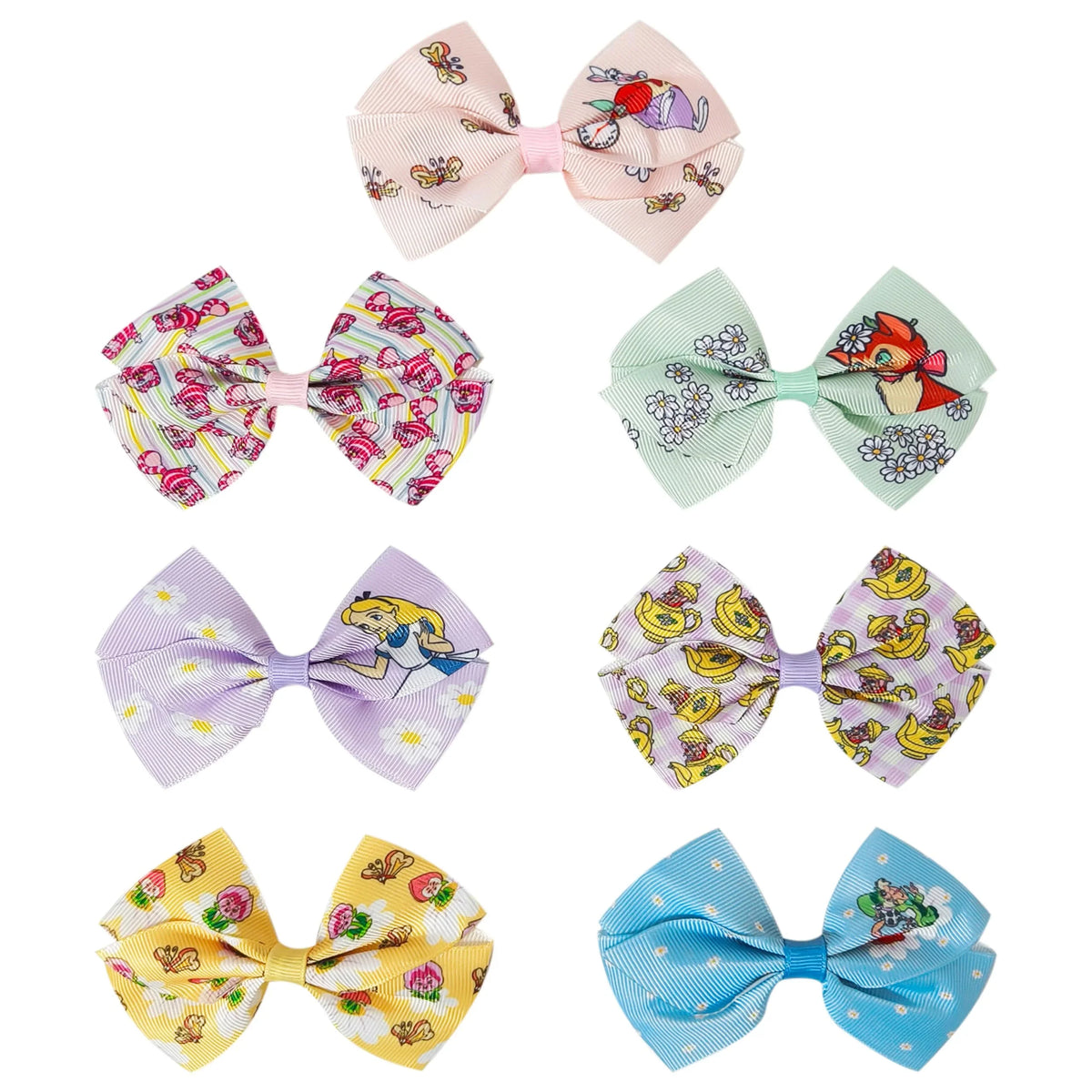 Alice in Wonderland hair bow set featuring colorful Disney characters and patterns, girls' accessories