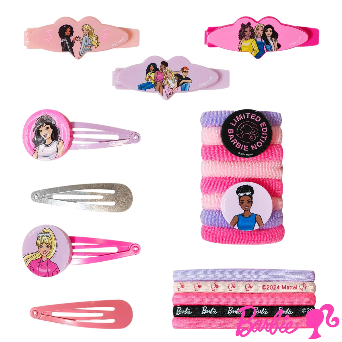 Barbie hair accessory gift set featuring licensed hair clips, ponytail holders, and elastics from LuvHer Shop.