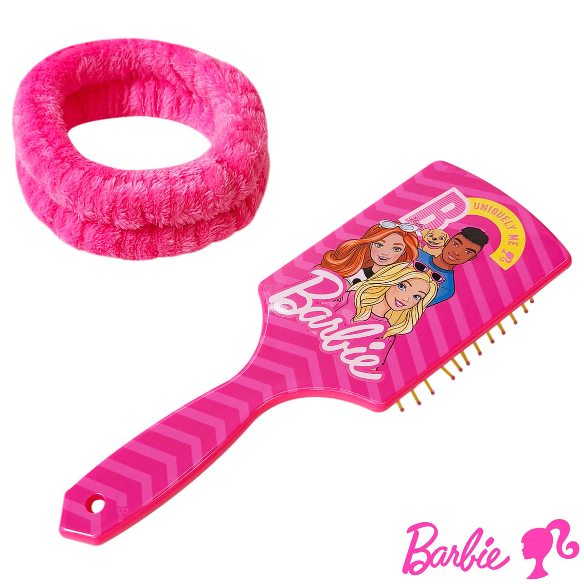 Barbie hair brush and pink hair ties set with Barbie character design, girls' accessories