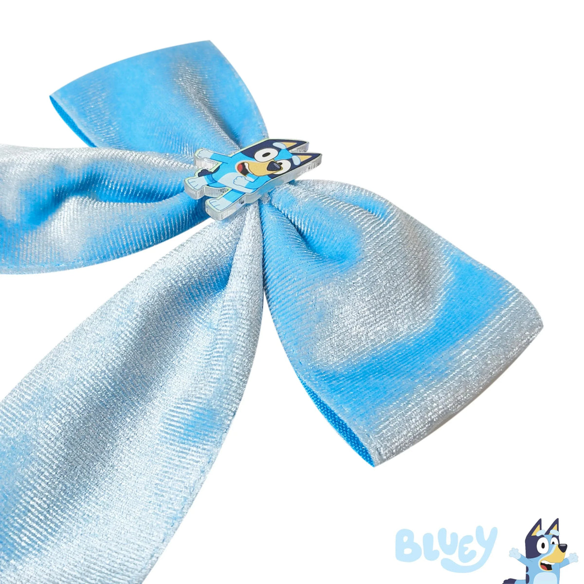 Bluey hair bow accessory with silver and blue ribbon from LuvHer Shop, features Bluey character