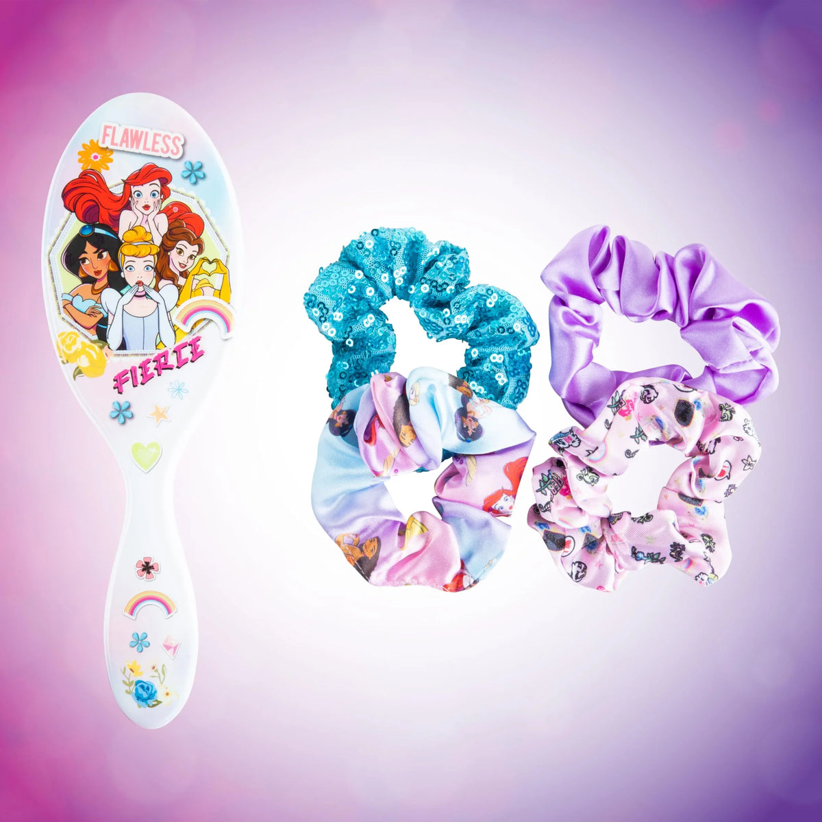 Disney Princess Hair Brush and Scrunchie Gift Set with colorful scrunchies and character brush