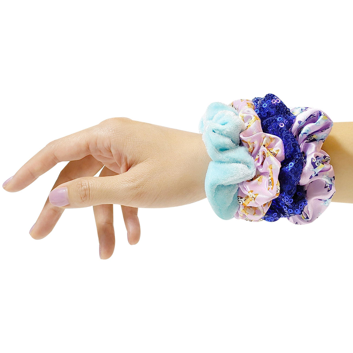 Girl's Bluey Scrunchies Set with glitter, plush, and printed designs on wrist, LuvHer Shop