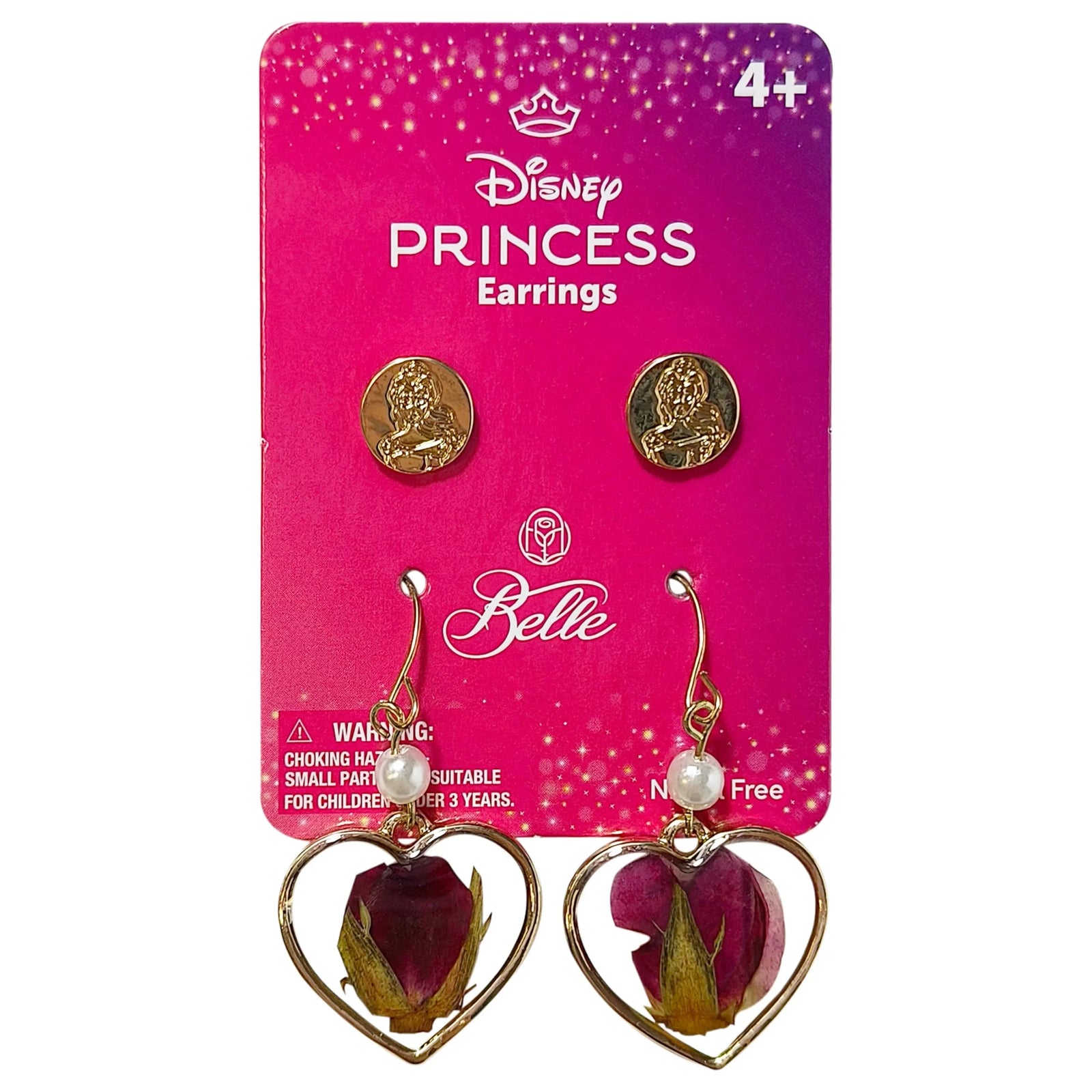 Disney Princess Belle earrings set with gold-tone studs and heart-shaped rose dangles, LuvHer Shop