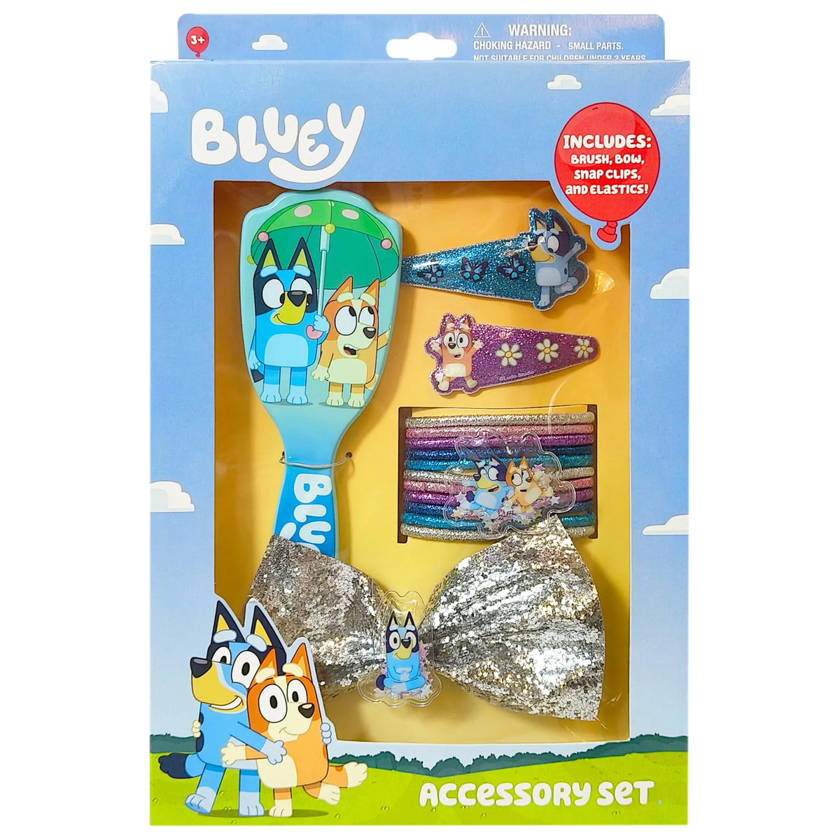 Bluey Accessory Set with brush, glitter hair bow, snap clips, and elastics in branded packaging
