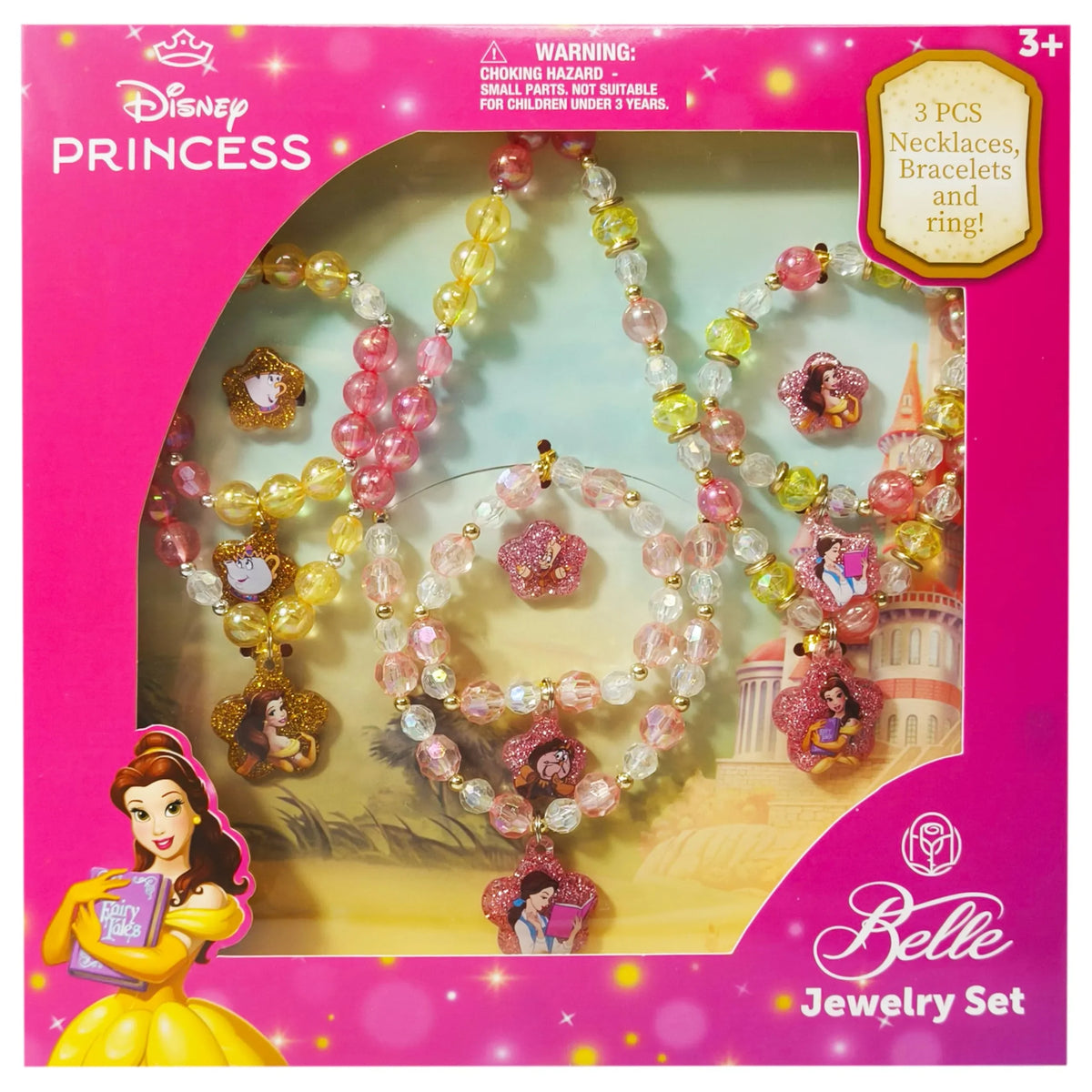 Disney Princess Belle Jewelry Set with pink and yellow beads, necklace, bracelets, and ring
