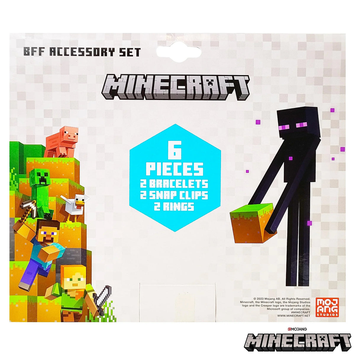 Minecraft BFF Accessory Set packaging with 6 pieces, featuring game characters on white background