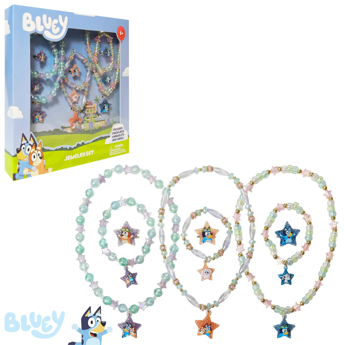 Bluey Jewelry Set with star-shaped Bluey charms, kids' necklaces and bracelets, official girls' accessories