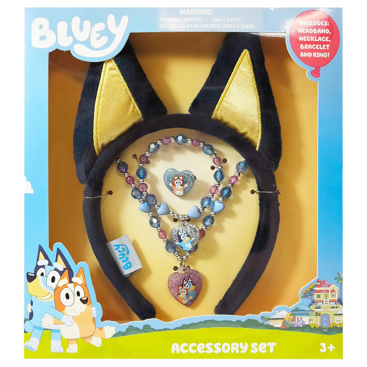 Bluey Accessory Set with headband, necklace, bracelet, and ring in branded gift box