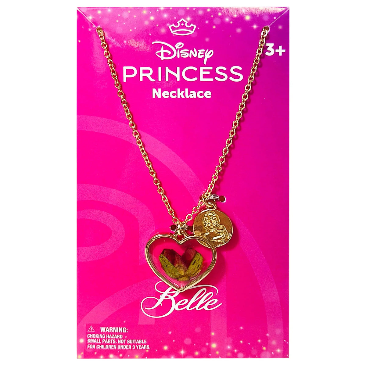 Disney Princess Belle Necklace gold-tone heart charm on pink card, girls' jewelry accessory