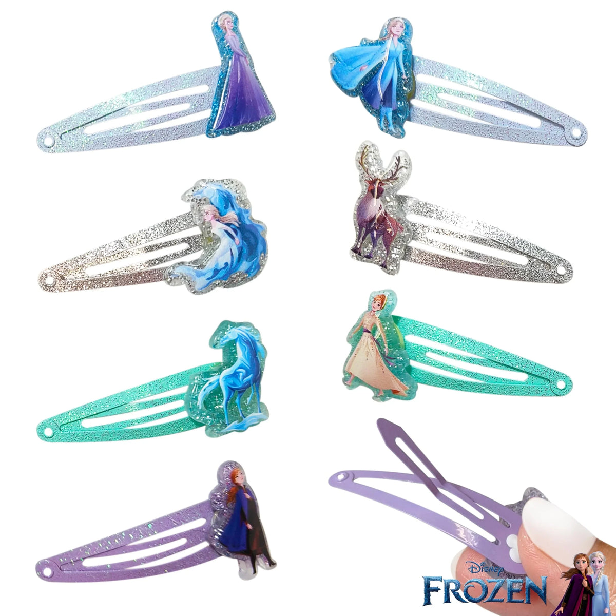Disney Frozen hair clips set featuring Elsa, Anna, Sven, Nokk glittery barrettes for girls