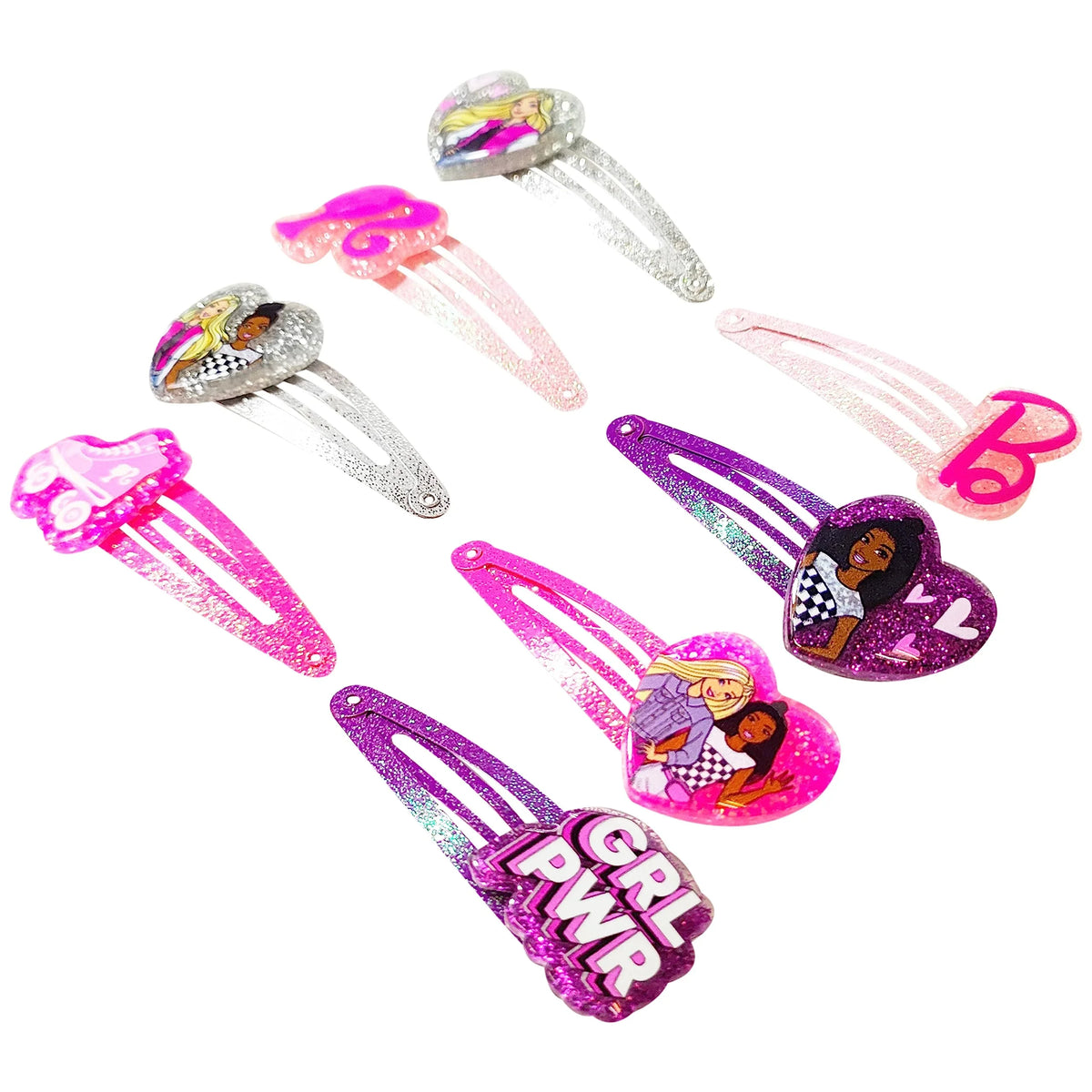 Barbie hair snap clips set with glitter, heart shapes, and empowering girl graphics from LuvHer Shop