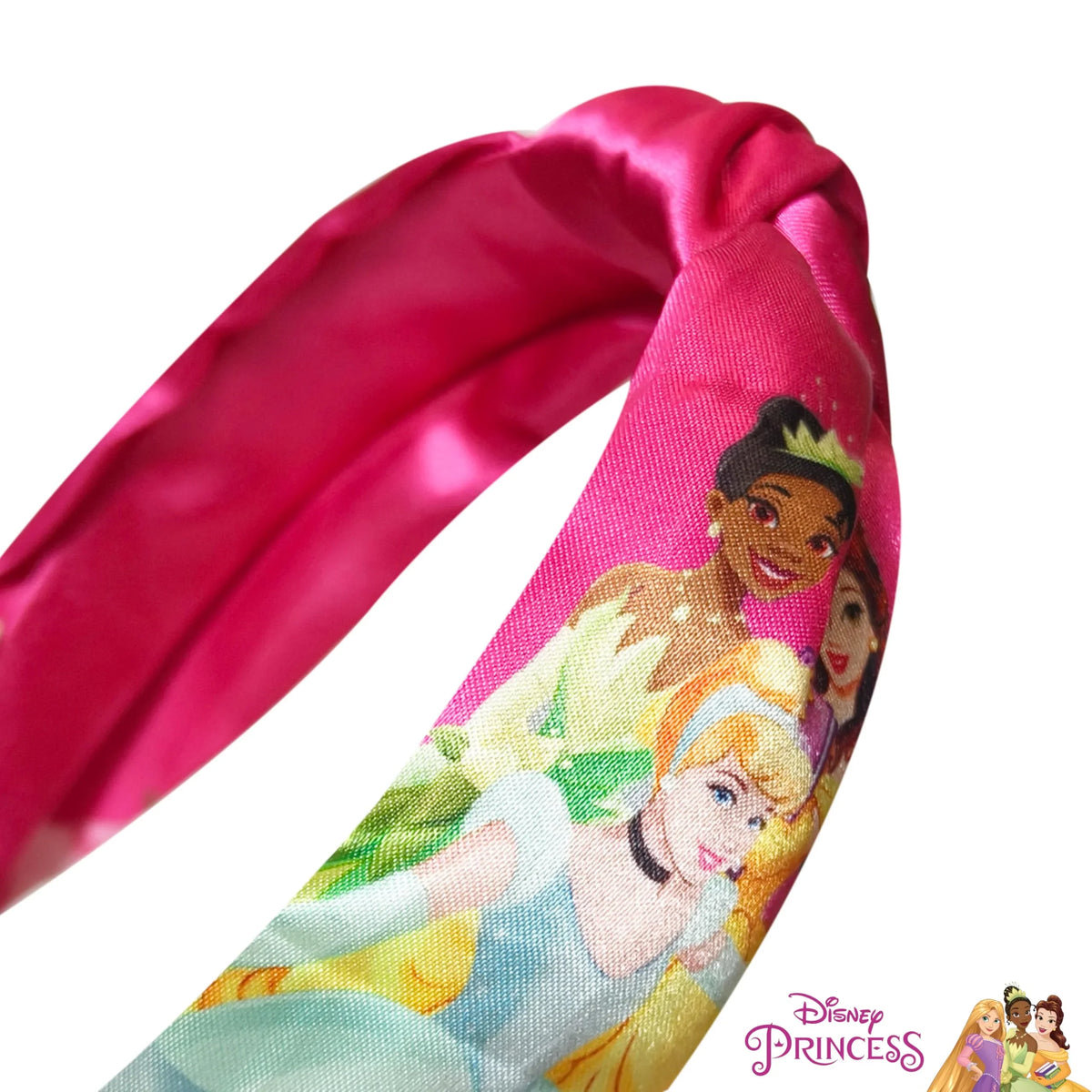 Disney Princess Headband from LuvHer Shop, pink satin, featuring Cinderella, Tiana, Belle