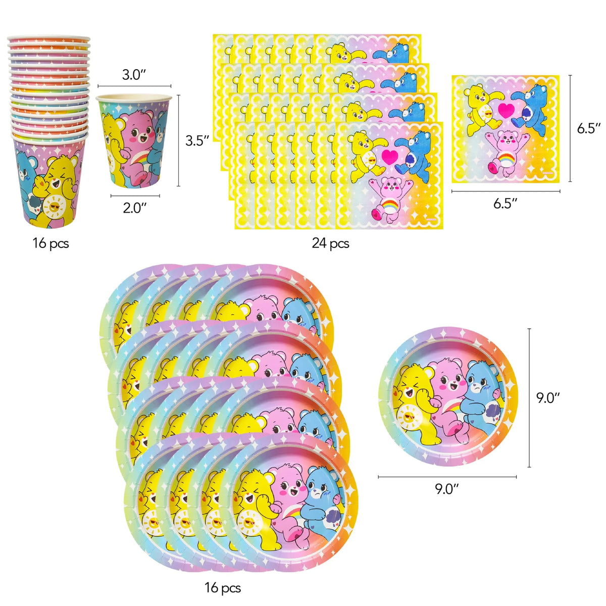 Care Bears party supplies set with cups, plates, and napkins featuring colorful bears, LuvHer Shop