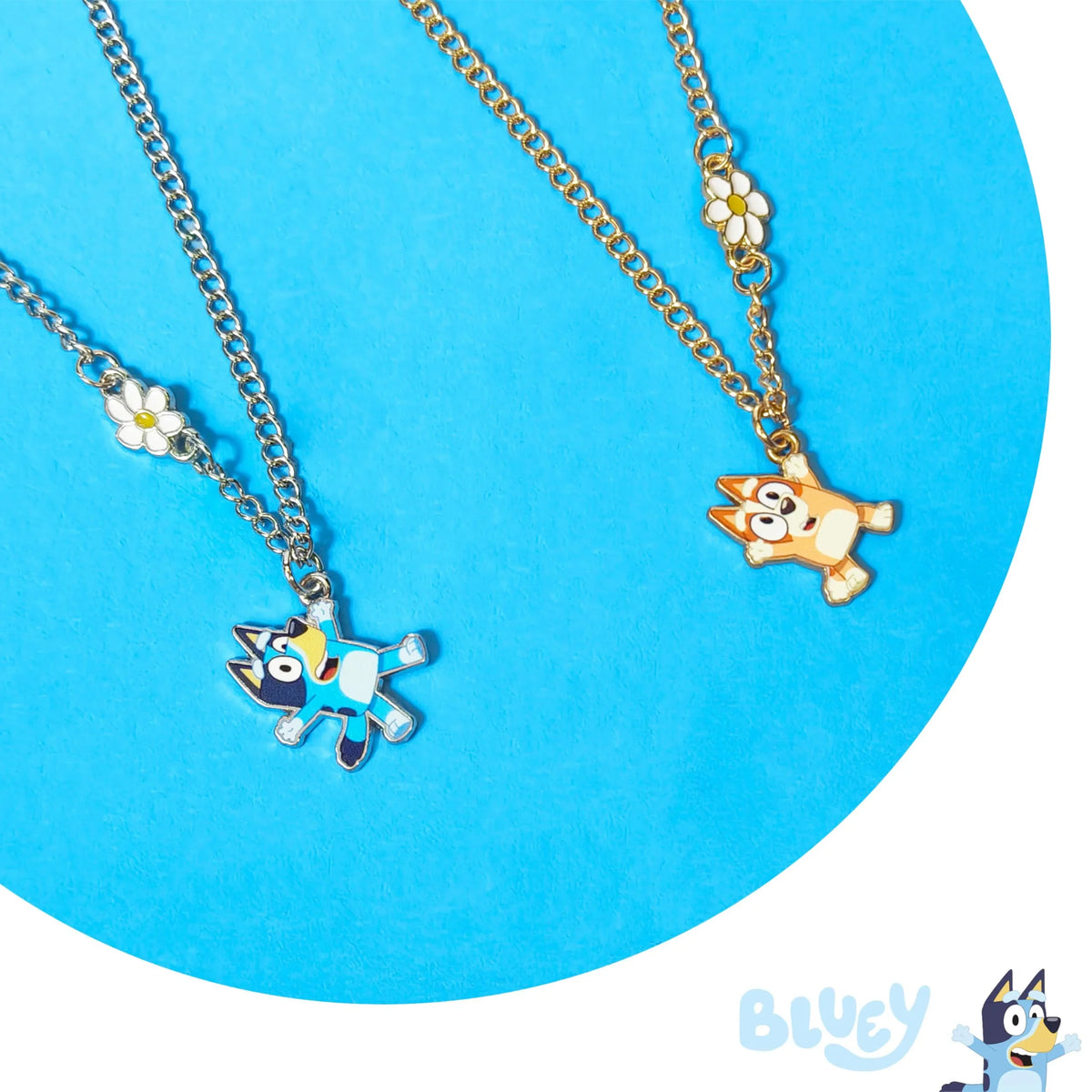 Bluey and Bingo Daisy Chain Necklace Set featuring official Bluey character charms on blue background