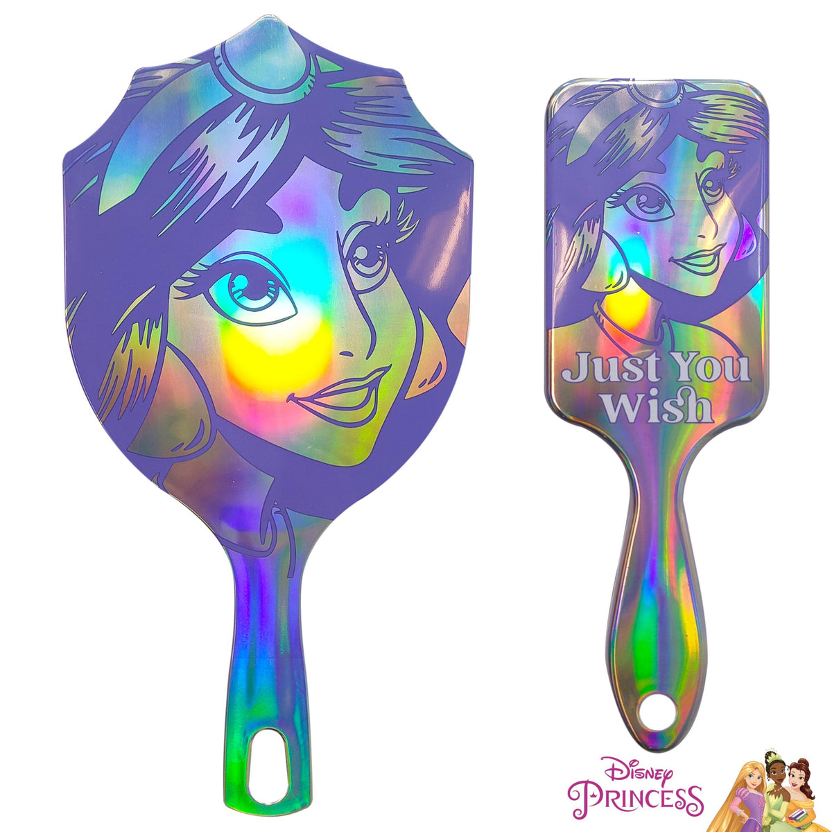 Disney Princess Jasmine holographic hair brush set with 'Just You Wish' text, girls' accessory