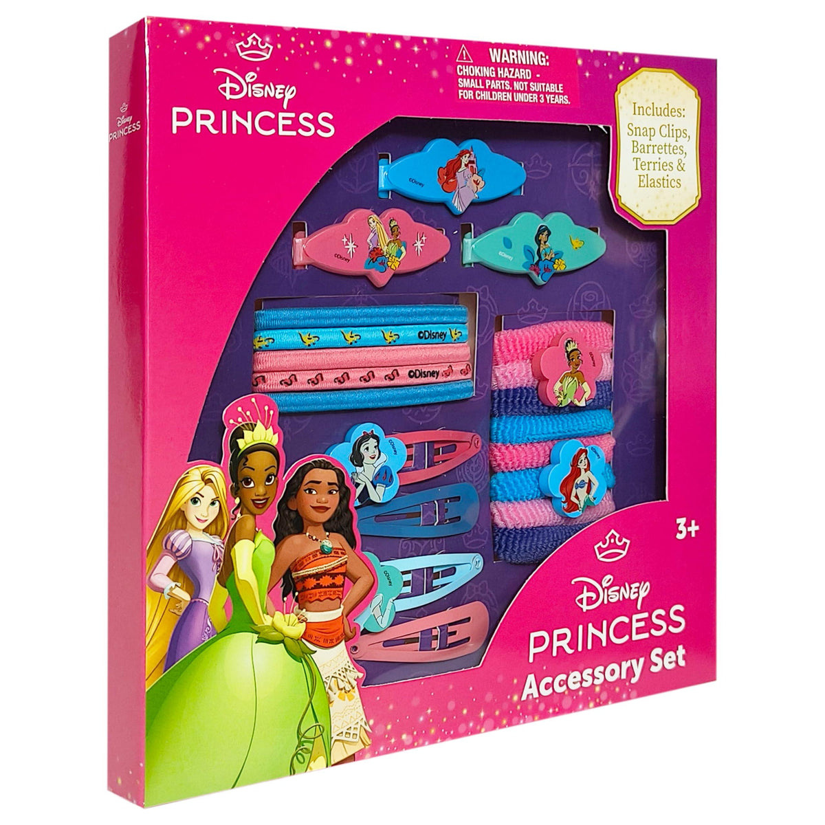 Disney Princess Accessory Set featuring girls' hair clips, barrettes, and elastics in pink packaging.