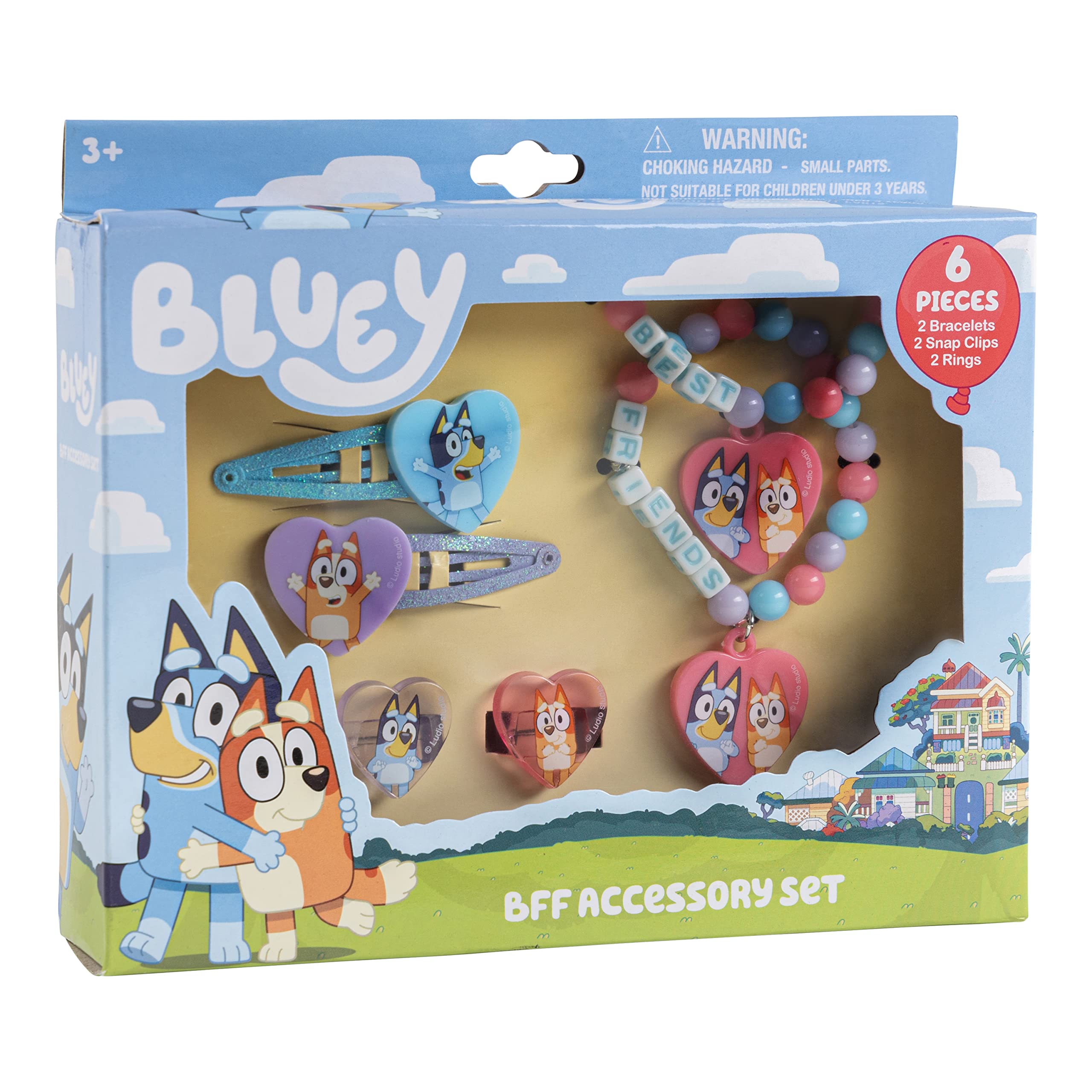 Luv Her Bluey Girls BFF 6 Piece Toy Jewelry Box Set with 2 Rings, 2 Bead Bracelets and Snap Hair Clips Ages 3+ - LuvHer Shop