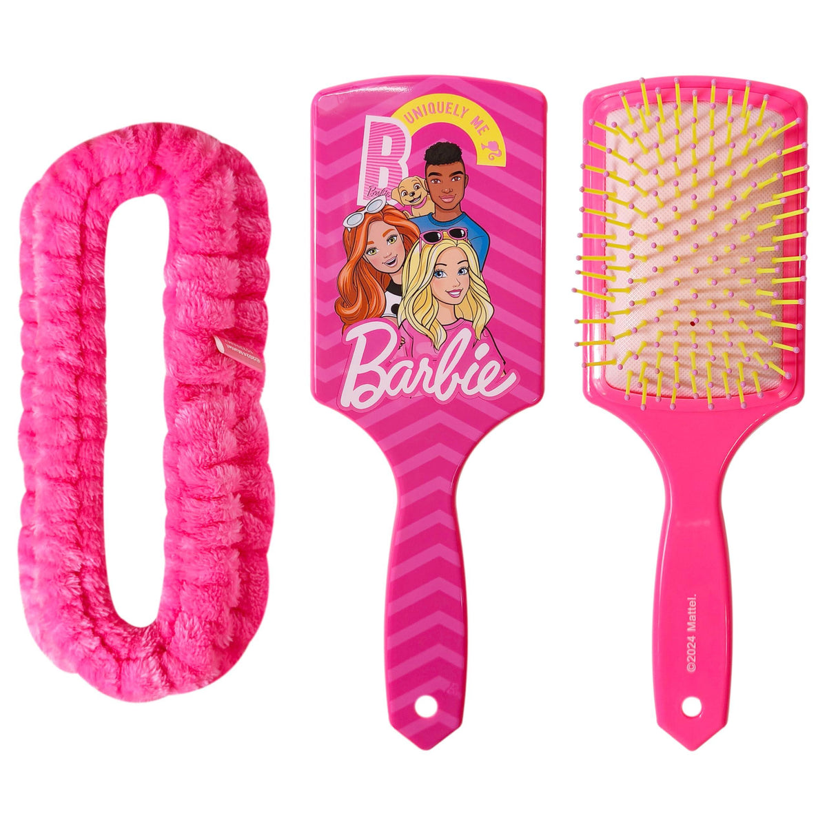 Barbie hairbrush and pink headband set with Barbie characters, girls' accessory bundle