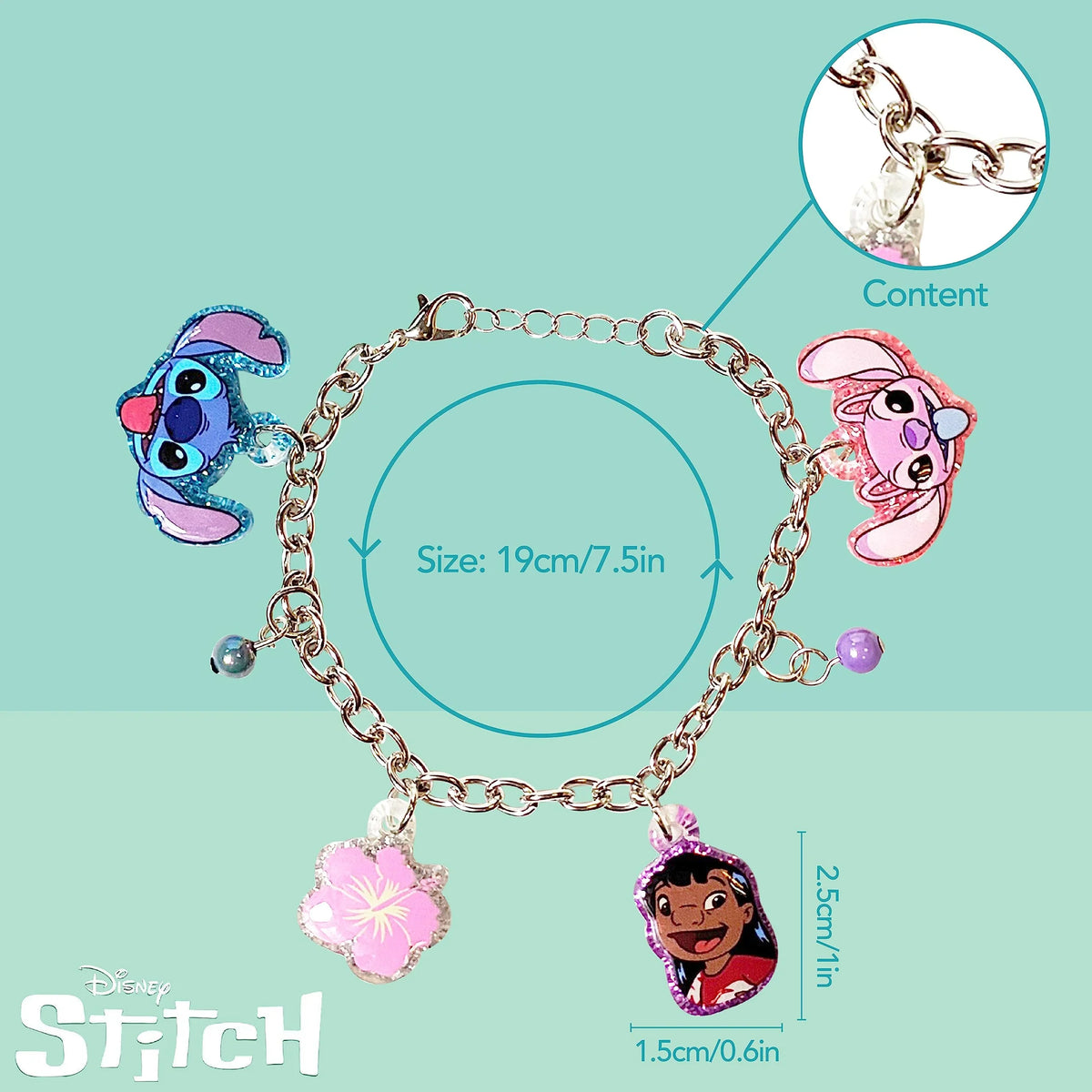 Disney Stitch bracelet with Stitch, Angel, Lilo, and flower charms, girls' accessory, LuvHer Shop