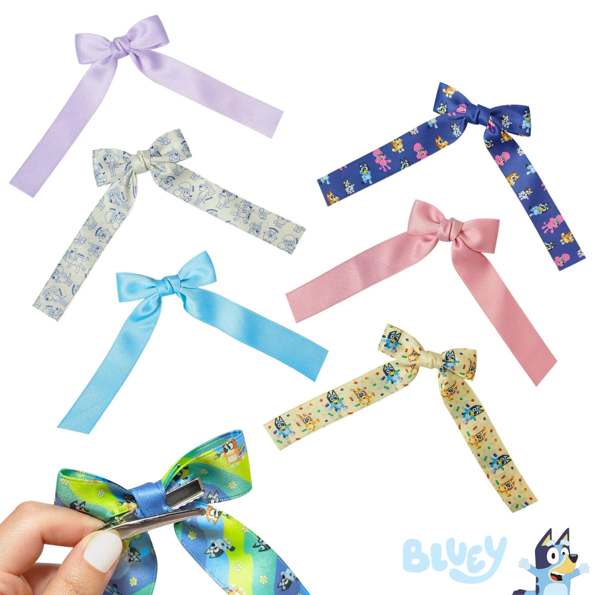 Bluey Hair Bow Set featuring six colorful girls’ hair bows with Bluey characters and patterns.