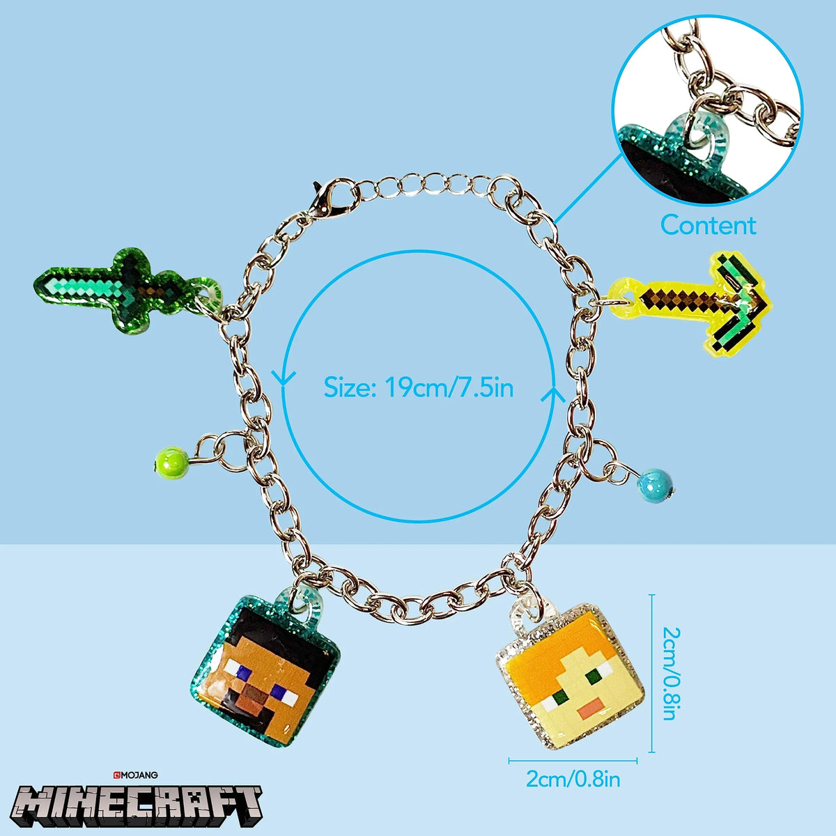 Minecraft Charm Bracelet with Steve, Alex, sword and pickaxe charms, 19cm, girls' jewelry accessory