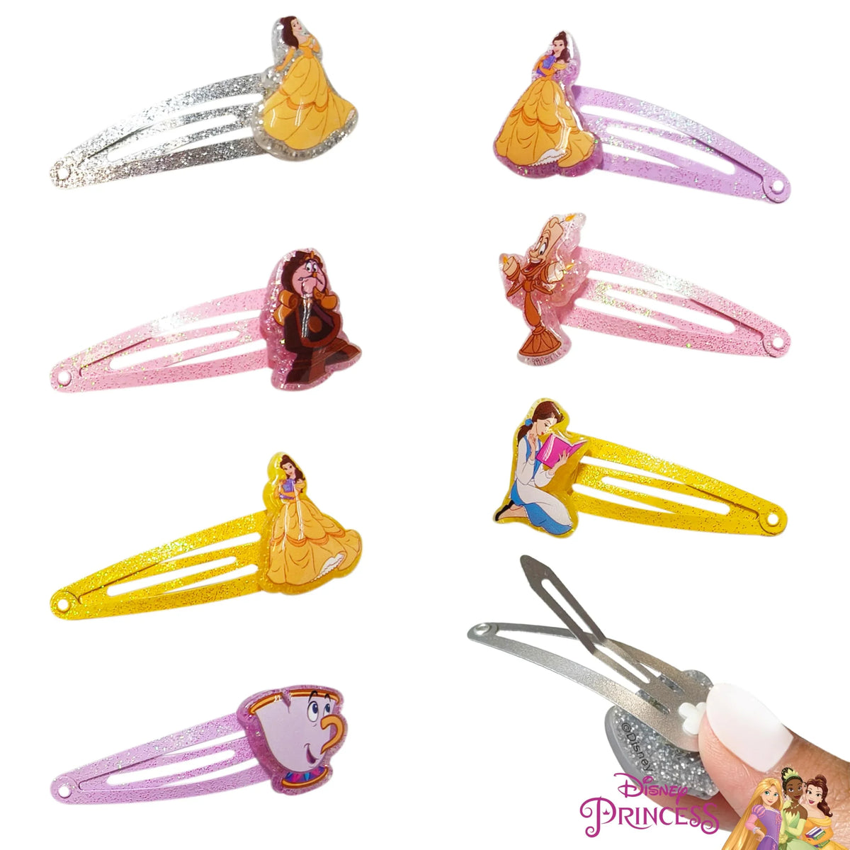 Disney Princess Belle Glitter Hair Clips set, featuring Belle and Chip designs on colorful snap clips.
