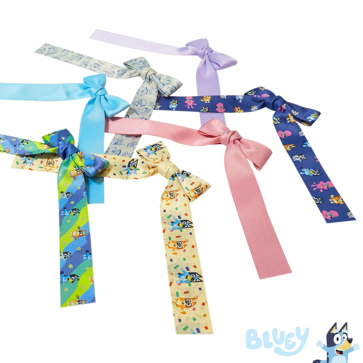 Bluey hair bows set featuring colorful ribbon designs with Bluey characters, LuvHer Shop accessories
