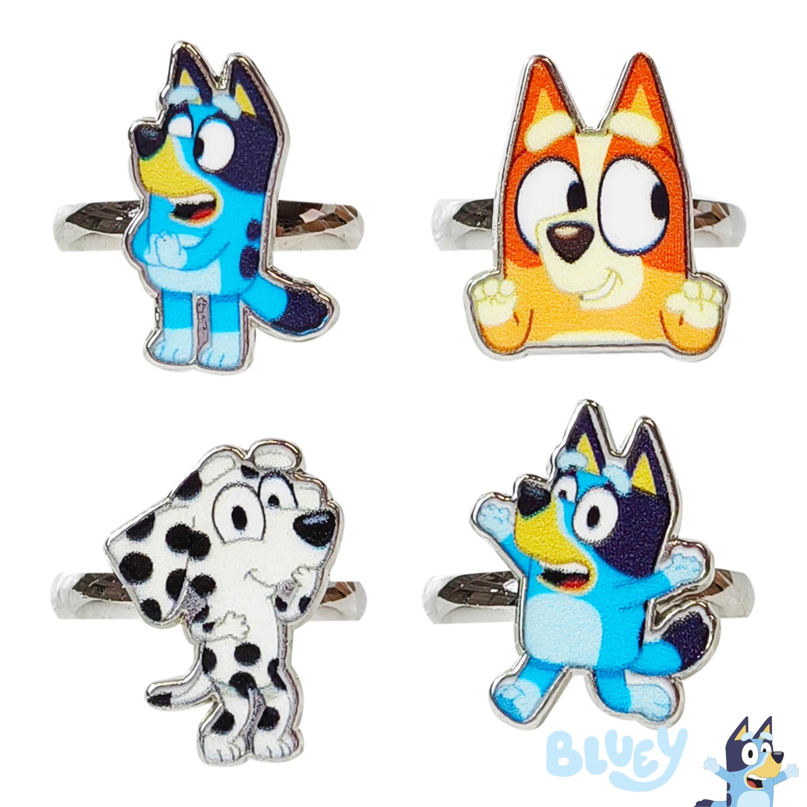 Bluey Rings set with four cartoon character rings in colorful retail packaging, officially licensed girls' accessory