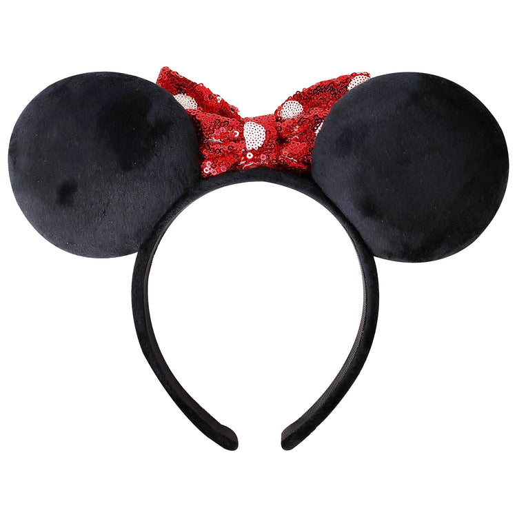 LUV HER - Disney Ears - Embedded Rhigstones Minnie Plush Ears - Large Sequin Red Bow on a Thick Elastic Headband Ages 3+ - LuvHer Shop