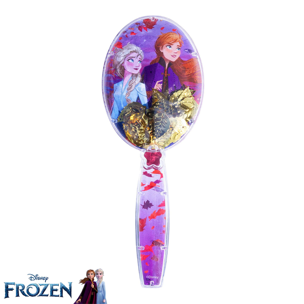 Disney Frozen hair brush featuring Elsa and Anna design with gold leaves, girls' accessory