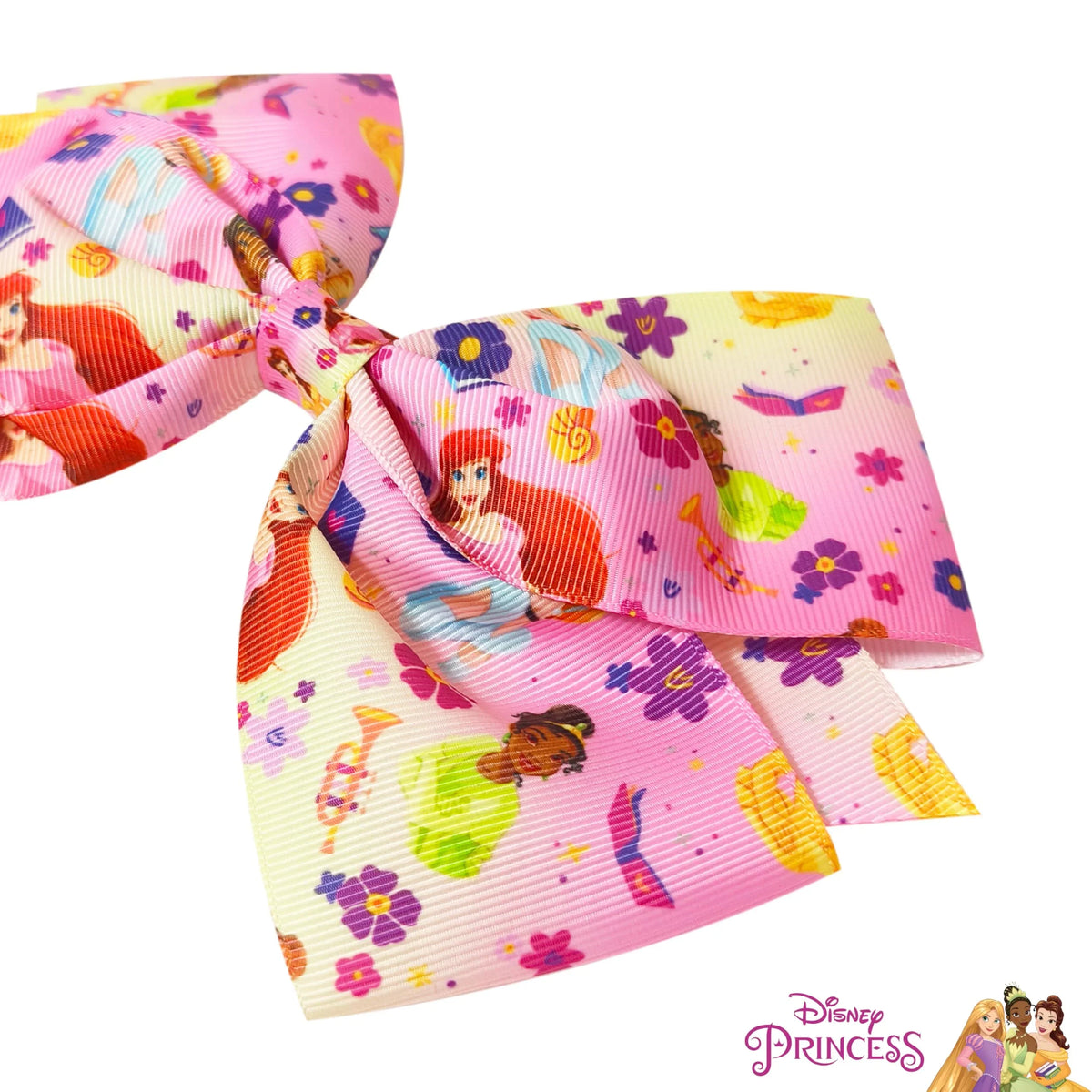 Disney Princess hair bow for girls with Ariel, Tiana, and Cinderella on pink floral ribbon