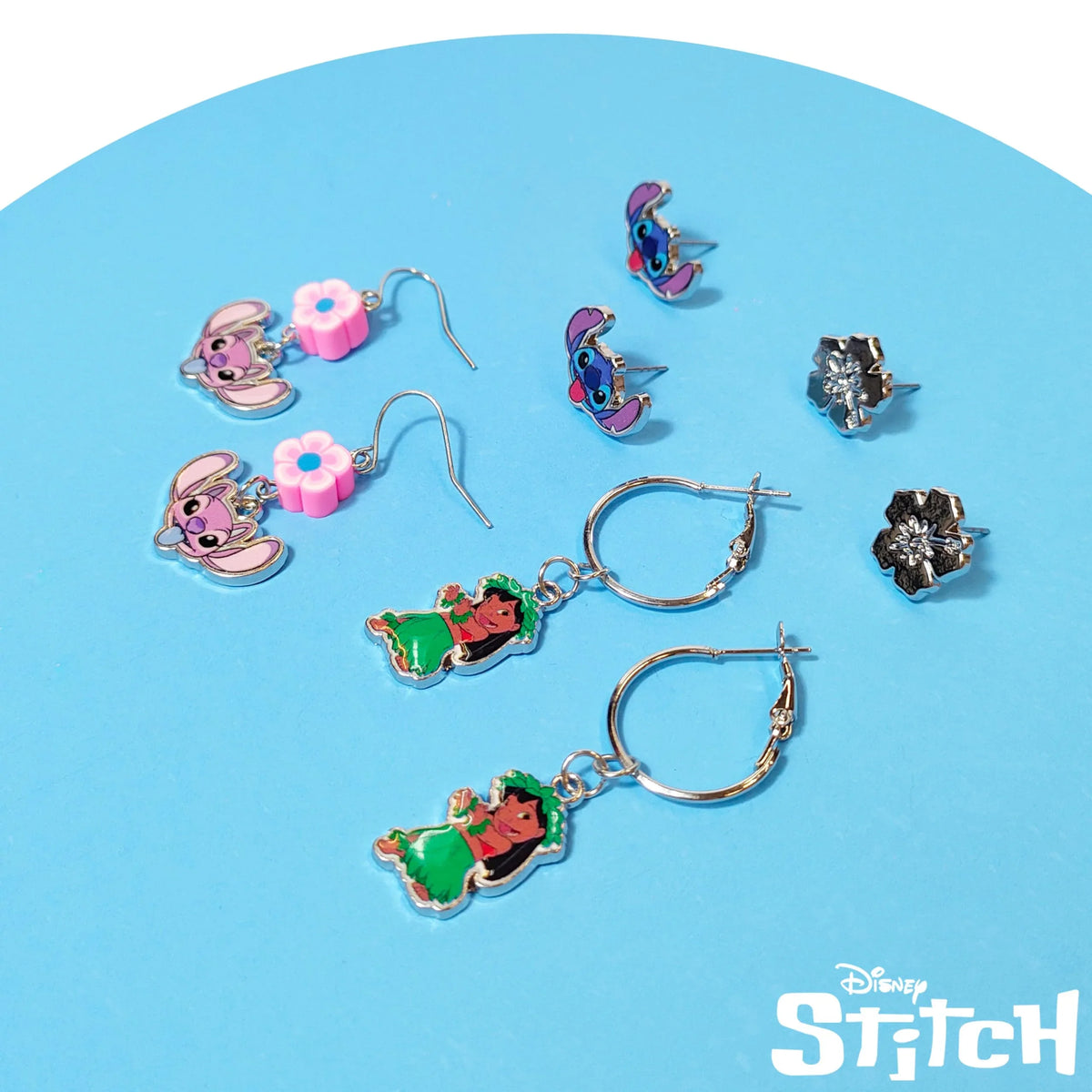 Disney Stitch Lilo & Stitch Girls' Earrings Set with character charms and flowers on blue background