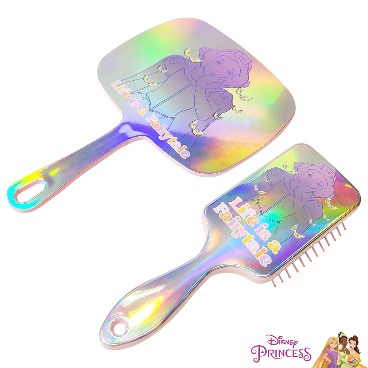 Disney Princess Life is a Fairytale paddle brush and mirror set with holographic finish