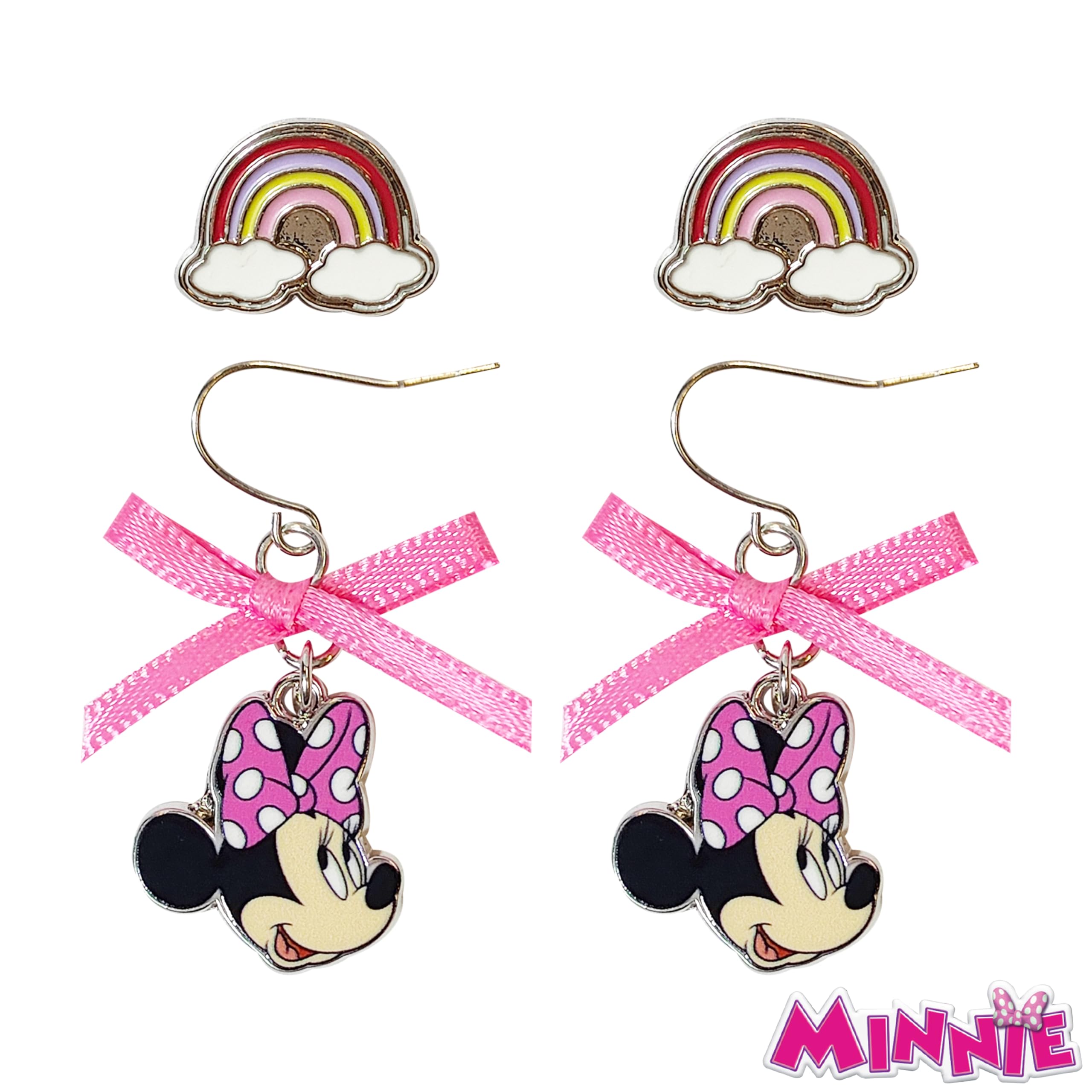 Disney Earrings: 2 Minnie Mouse Hypoallergenic Earrings for Girls (1 Stud Earrings & 1 Fishhook Drop) Cute Earrings with Charms One Size Fits All Girls Earrings, Disney Accessories for Girls Ages 4+ - LuvHer Shop