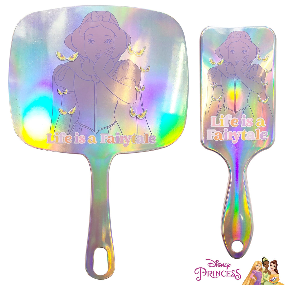 Disney Princess iridescent hair brush set with Snow White design and 'Life is a Fairytale' text
