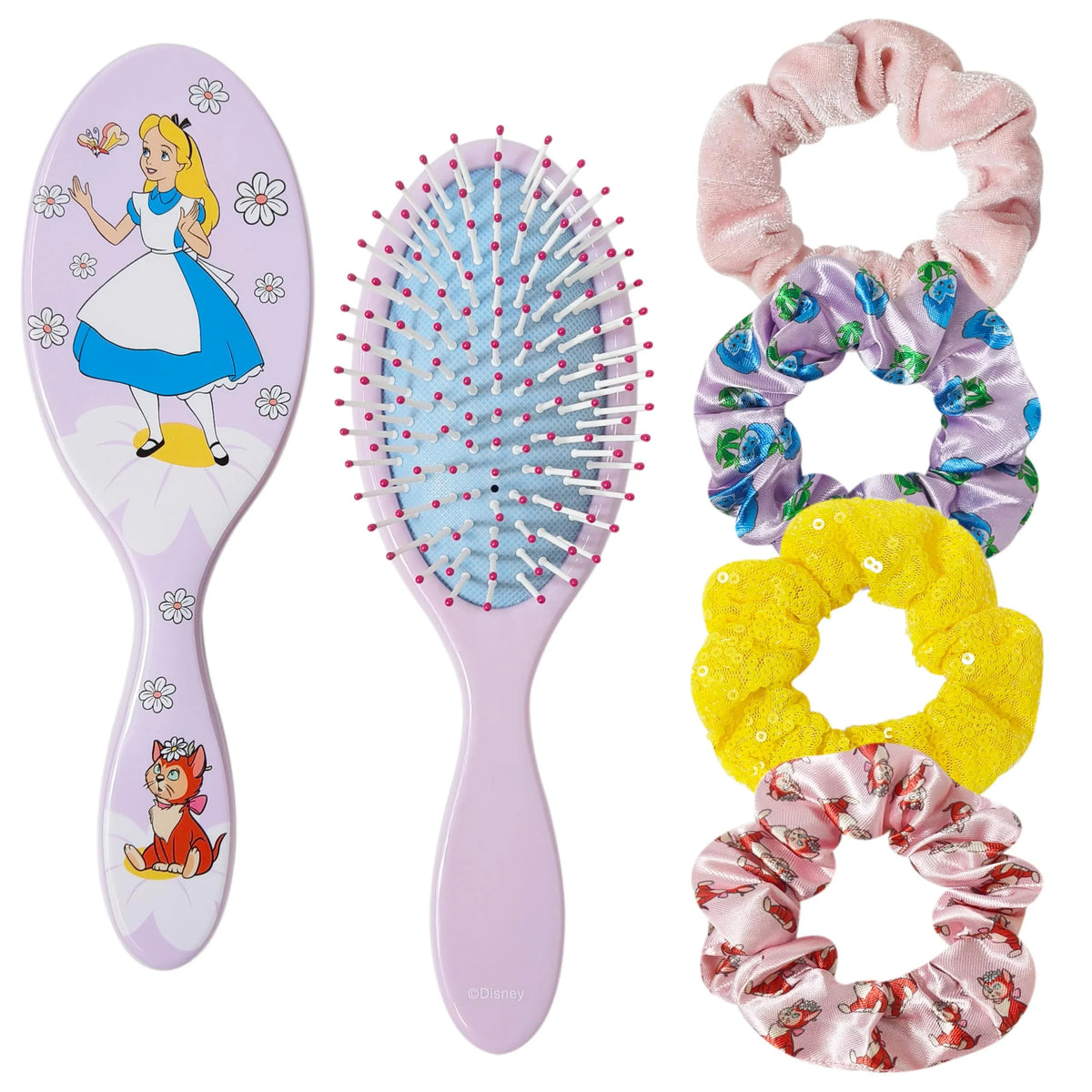 Disney Alice in Wonderland hairbrush and 4 colorful scrunchies gift set, LuvHer Shop accessories