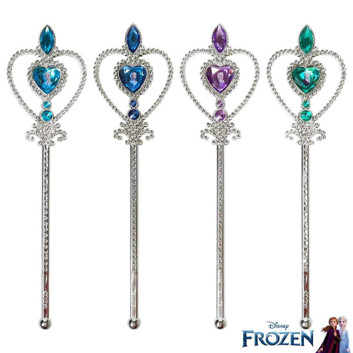 Disney Frozen Wand Set featuring Elsa and Anna with silver handles and colorful heart jewels, girls' accessory