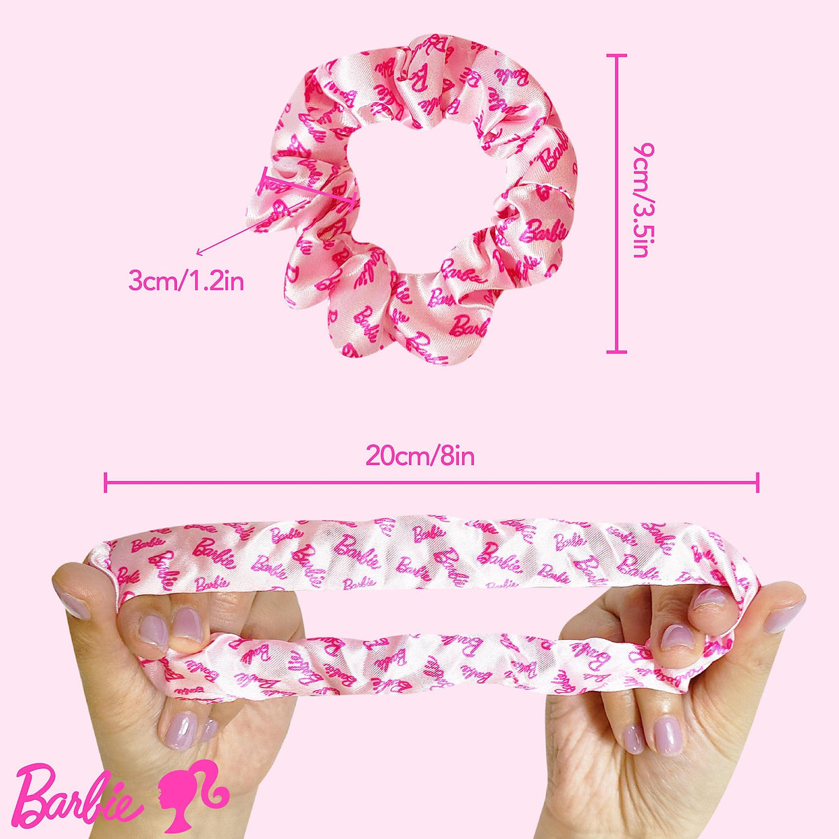 Barbie scrunchie hair accessory with pink logo print, shown with measurements, from LuvHer Shop
