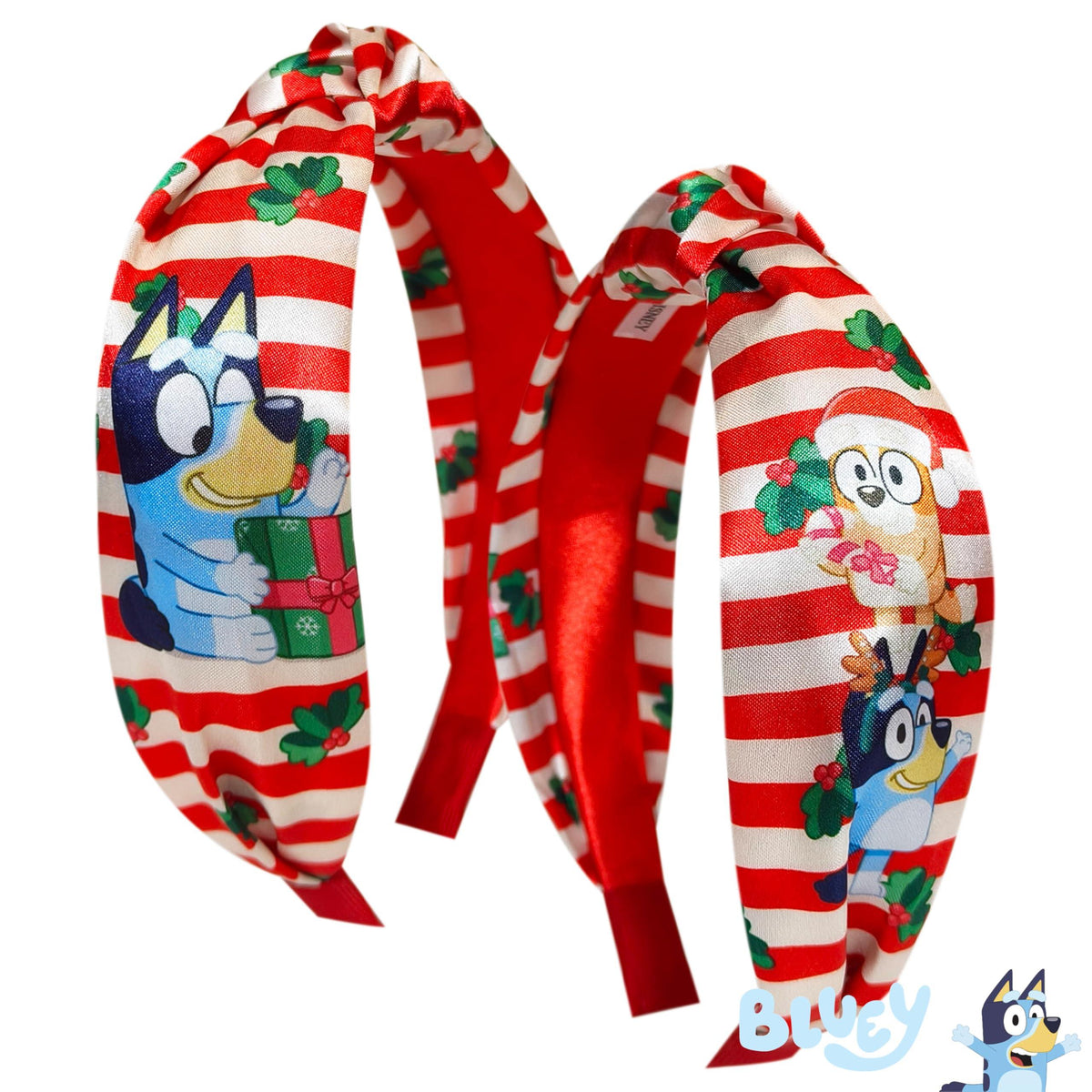 Bluey Christmas headbands with red and white stripes, featuring Bluey and friends print