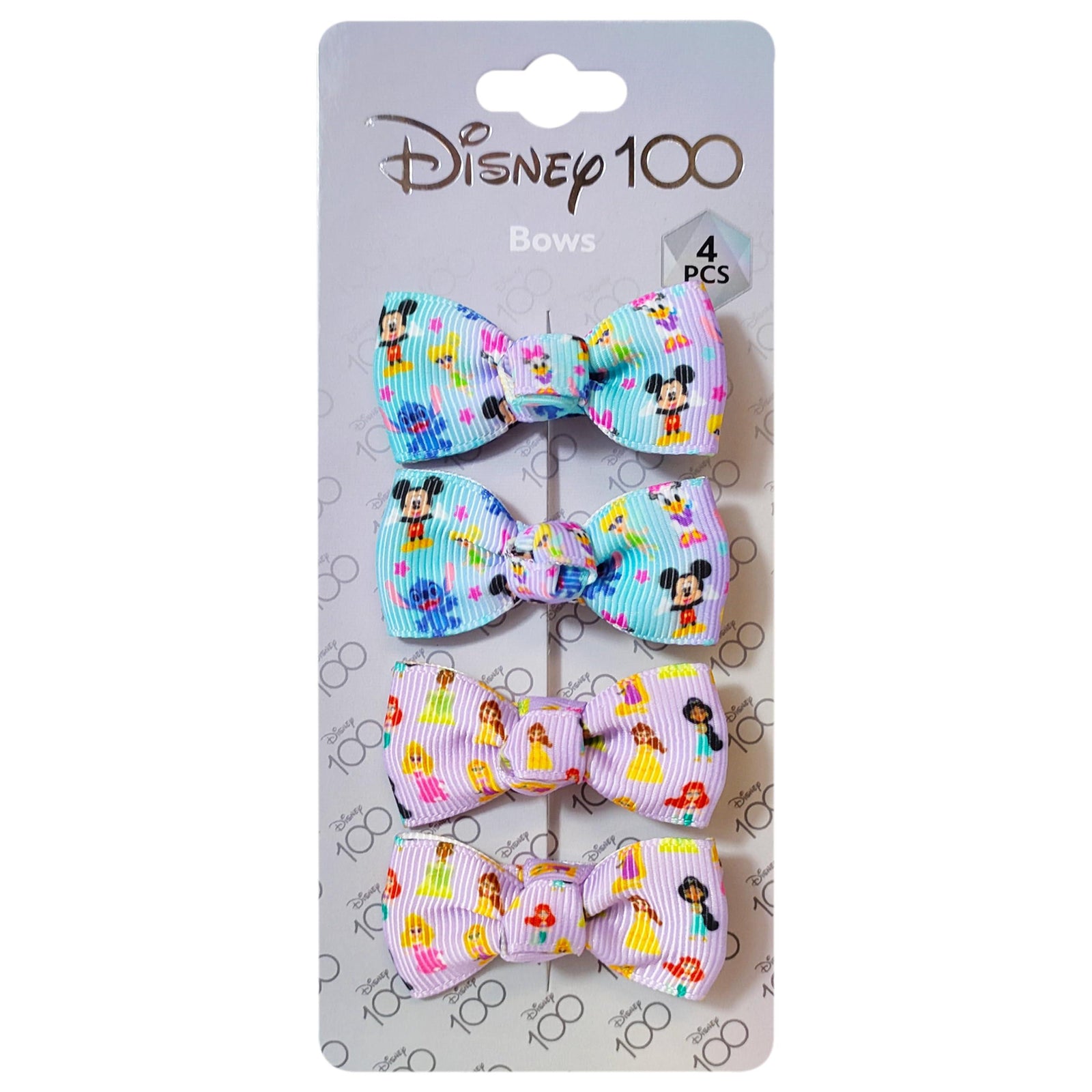 Disney 100 Bows 4-pack featuring colorful girls' hair bows with Disney characters on card backing