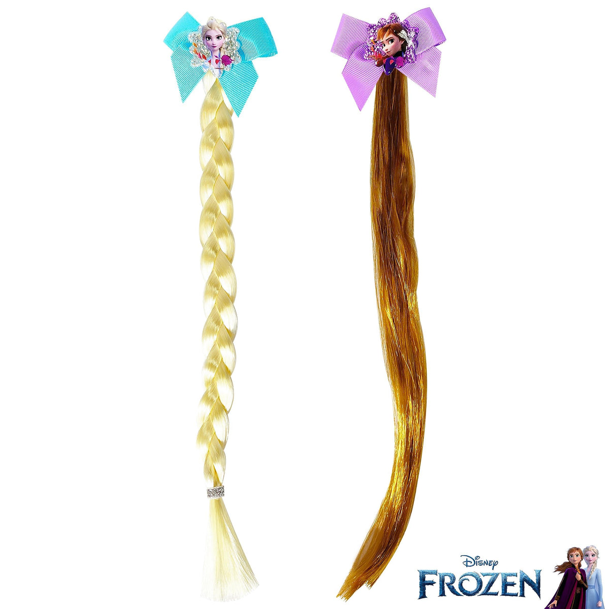Disney Frozen Hair Bow Clip Set featuring Elsa and Anna on braided and straight hair extensions from LuvHer Shop.