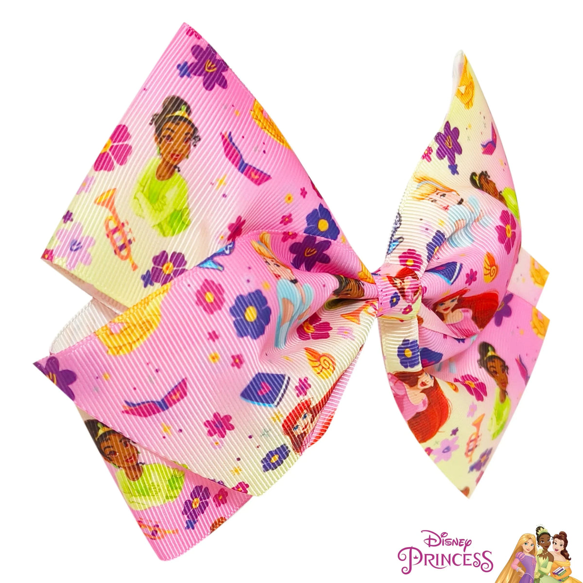 Disney Princess hair bow for girls featuring colorful princess graphics on pink ribbon, LuvHer Shop