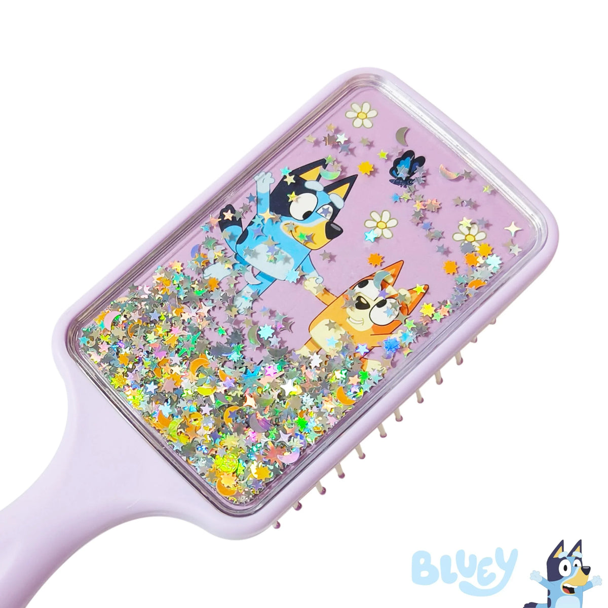 Bluey Glitter Hair Brush with Bluey and Bingo characters, star confetti, and lavender handle
