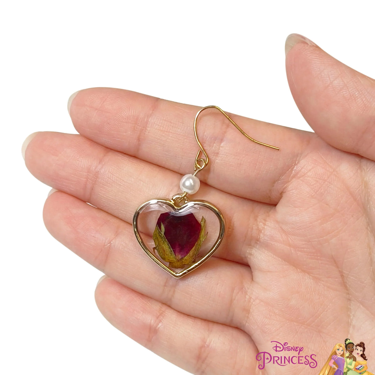 Disney Princess Belle Heart Drop Earring with red rose, gold trim, and faux pearl from LuvHer Shop