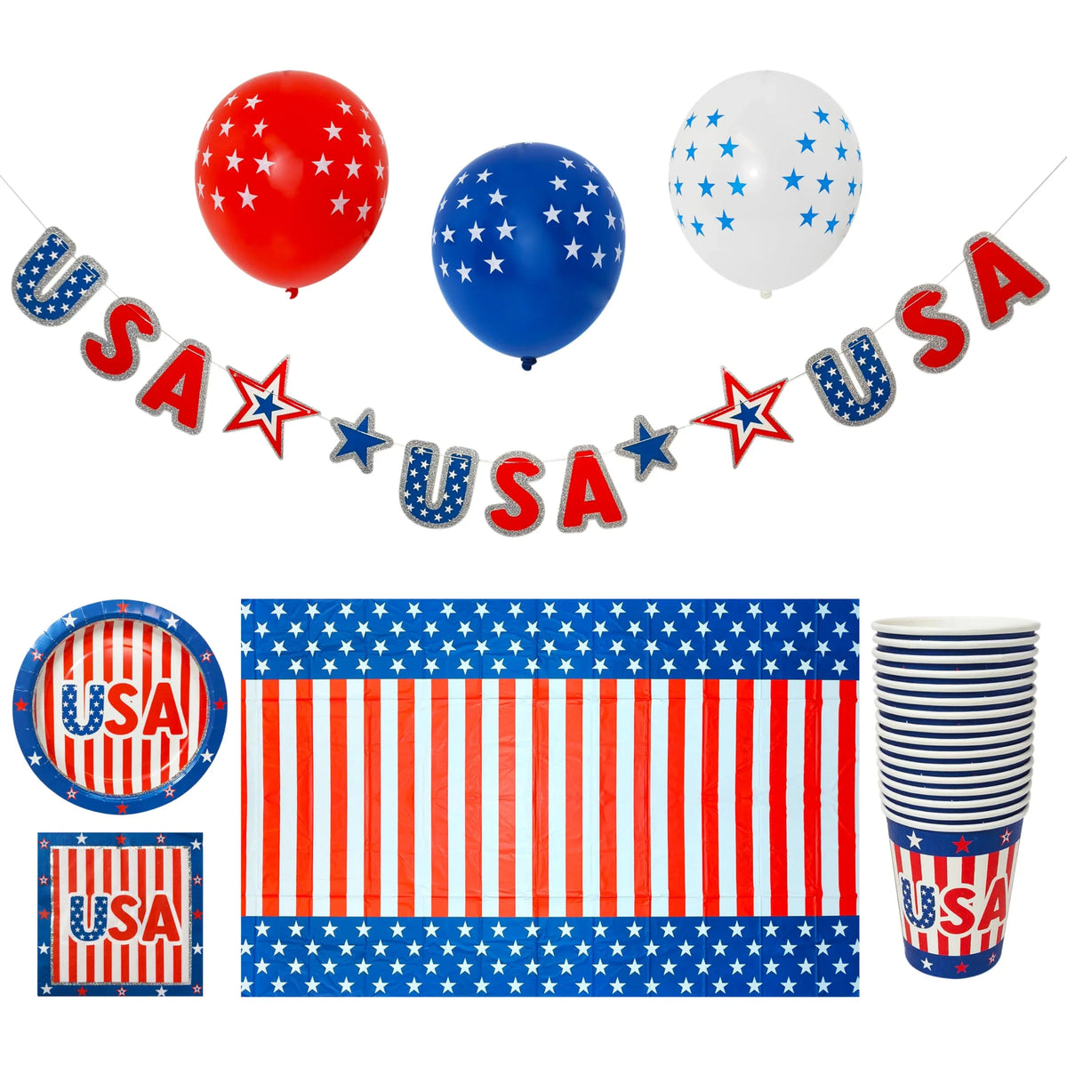 USA Stars & Stripes Party Set with plates, cups, napkins, balloons, and patriotic decorations