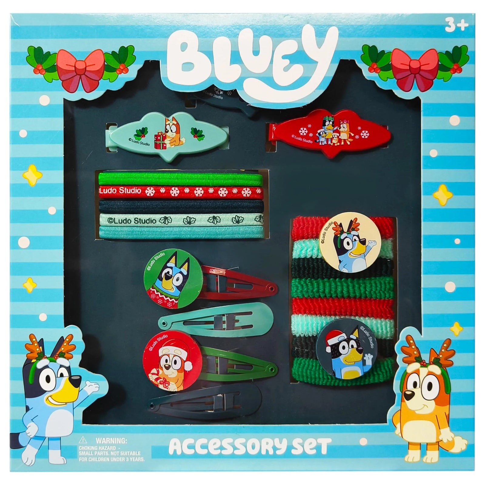 Bluey Accessory Set for girls with hair bows, clips, and bands featuring Bluey characters in festive packaging.