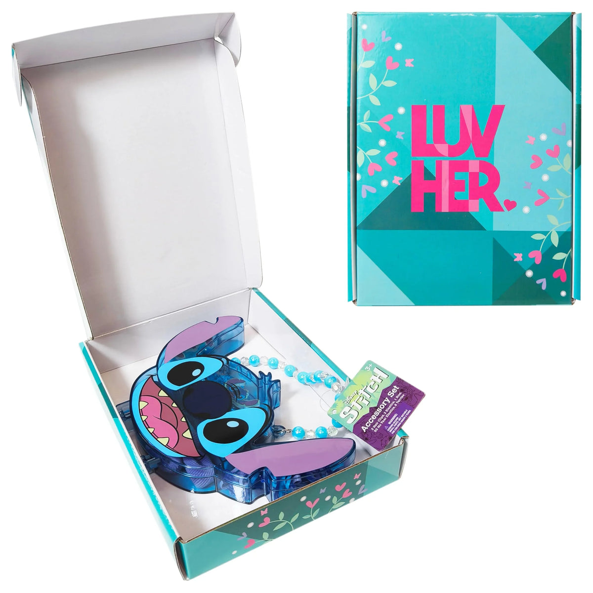 Stitch Accessory Set in LuvHer Shop teal gift box with heart and floral design