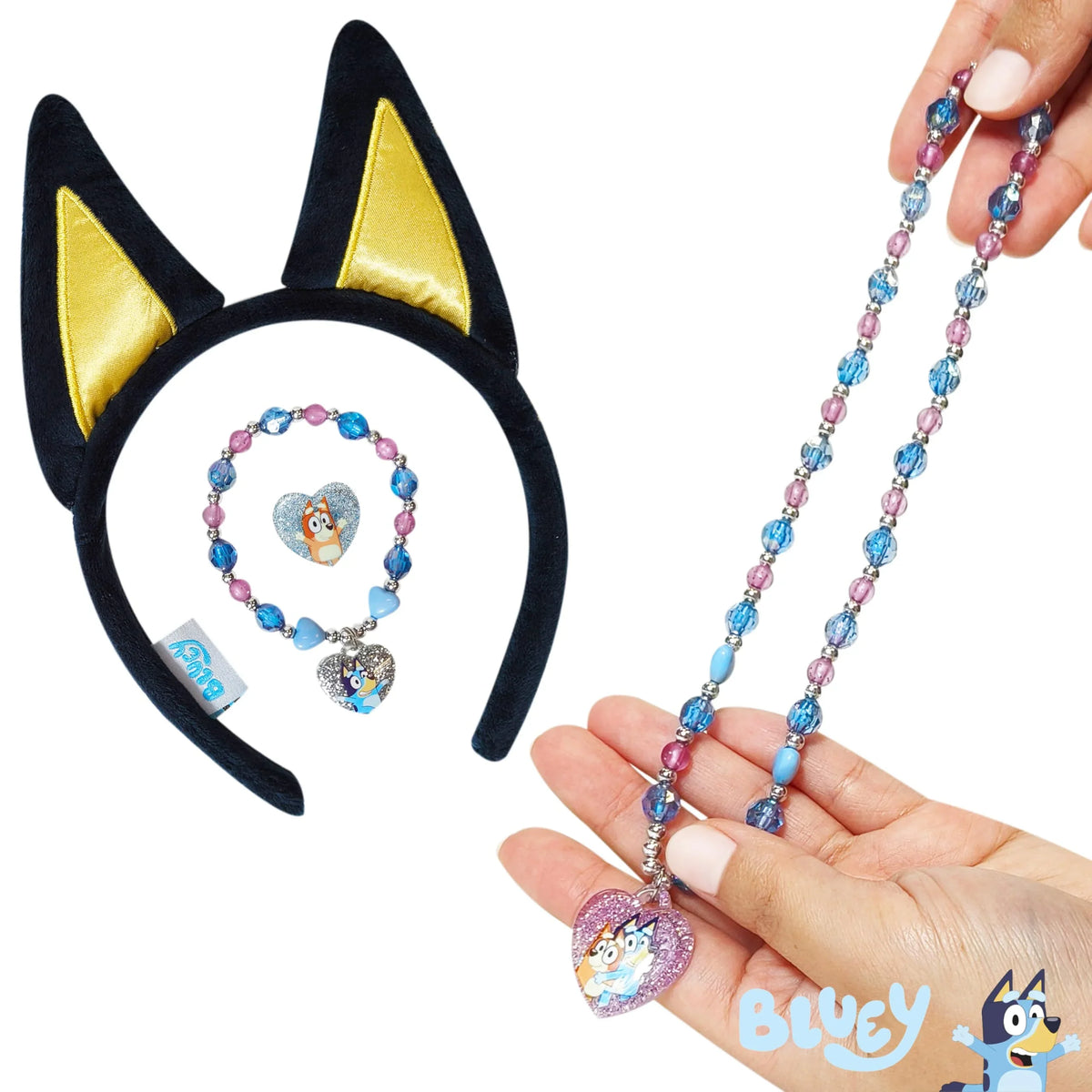 Bluey girls' accessory set with cat ear headband, beaded bracelet, and heart pendant necklace